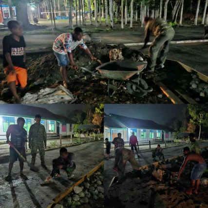 Kejar Target TMMD Ke-130 Satgas Kodim 1808/Mansel Bersama Masyarakat Rela Kerja Hingga Larut Malam Demi Percepatan Pembangunan Jalan